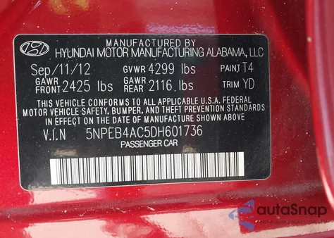 2013 Hyundai Sonata Gls from USA, damaged, VIN 5NPEB4AC5DH601736